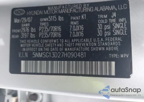 2007 Hyundai Santa Fe Gls z USA, uszkodzony, nr VIN 5NMSG13D27H090481